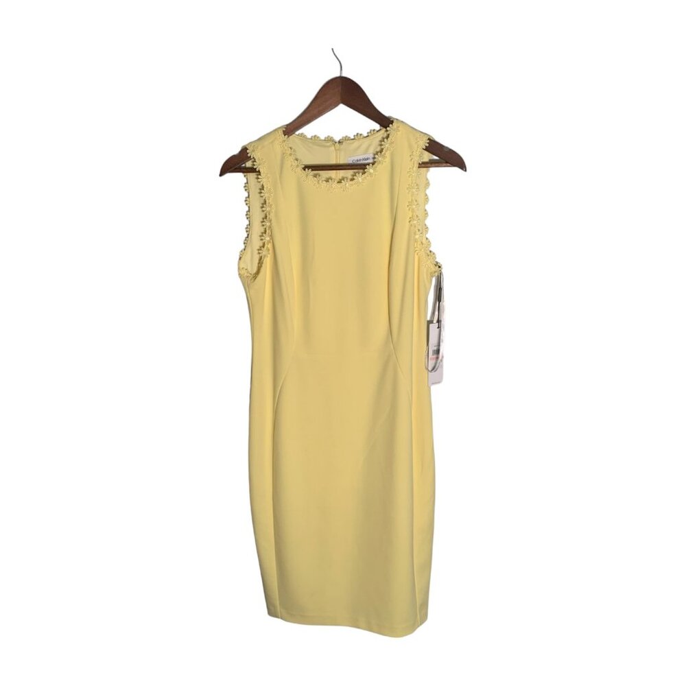 New Calvin Klein Bodycon Yellow Dress with a Floral Embroidered Trim. Size 10